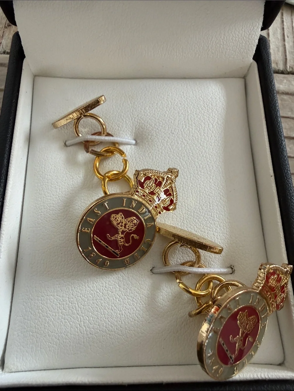 East India Club Gold-Tone Red Enamel Royal Crest Cufflinks